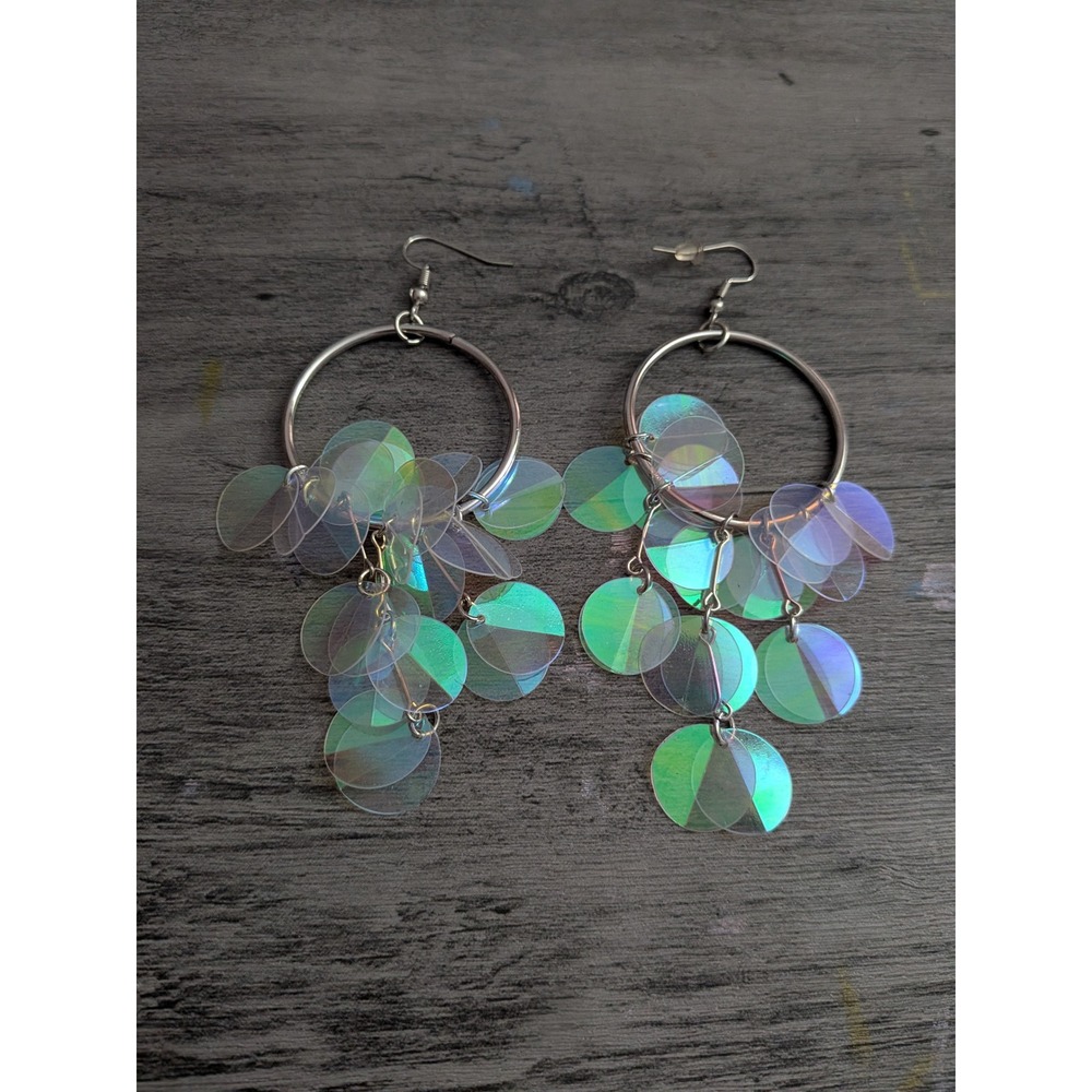Iridescent Sequin Disc Drop Earrings Silver Tone Holographic Chandelier Hoops